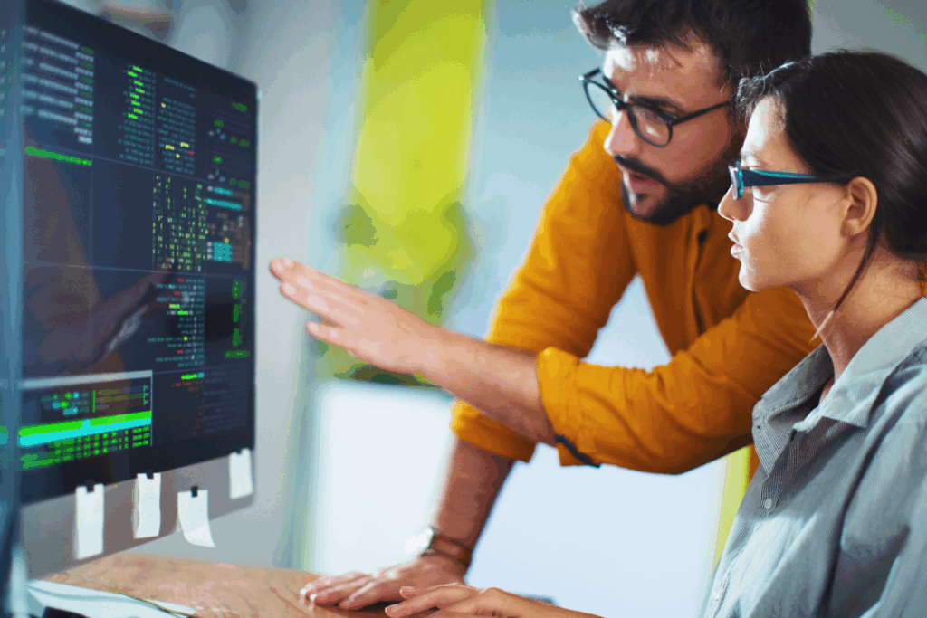 Two programmers in a modern office setting analyze code on a computer screen, with one pointing at the monitor and the other typing.