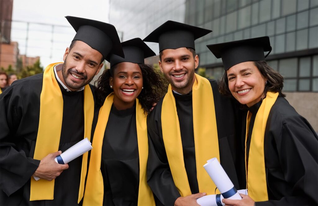 Smiling VCU graduates dressed in caps and gowns pose with their diplomas.